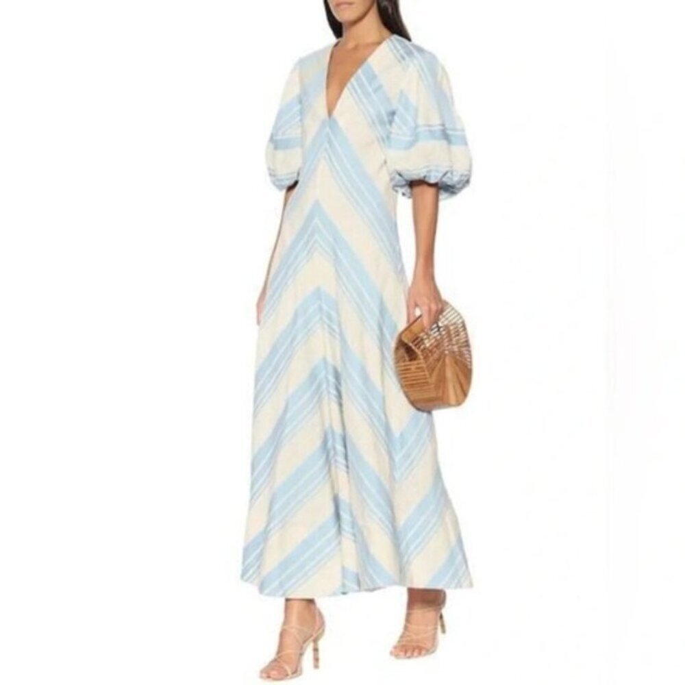 Lee Mathews Tilda Chevron Linen Blend Maxi Dress in Celadon Blue 4